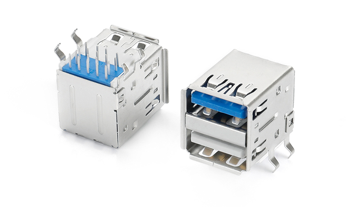 雙層USB3.0 90度 DIP 304外殼鍍鎳 全PA66上3.0（藍(lán)）+下3.0（白） UBF18L-6SAN-C8P3