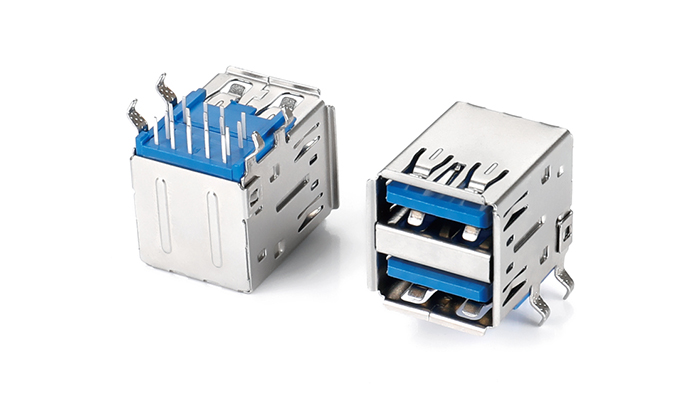 雙層USB3.0彎腳鐵殼鍍鎳PBT藍(lán)色 UBF18L-23SN-98P0